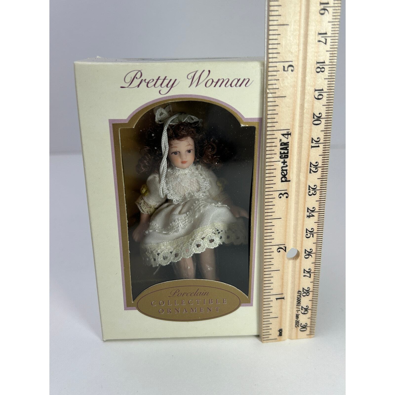 Pretty Woman Porcelain Doll Ornament Cream Lace Dress Brunette Curls 2004 DG Item image 2