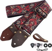 Nefelibata Guitar Strap,Jacquard Embroidery Cotton Guitar, Retro Red Flower - $35.96