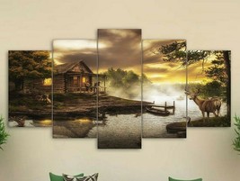 Multi Panel Print Cabin by the Lake Canvas Wall Art Mountain Creek River 5 Piece - £21.83 GBP+