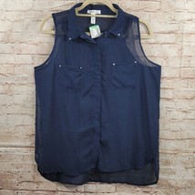 Ambiance Apparel Womans Shirt Large Navy Blue Button Sheer Sleeveless Collar NWT - $12.19