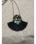 Vintage Necklace with Tassel and Multi Blue Tone Stones Pendant Silver Tone - $16.79