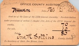 1884 Waukon Iowa County Auditor to Secretary Of State Antique Vintage Postcard - £5.88 GBP