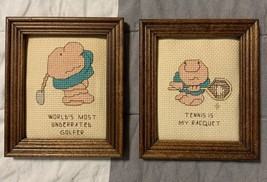 Set of 2 Framed Ziggy Sports Finished Cross Stitch Pictures Golf Tennis - £3.73 GBP