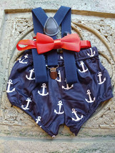 1st Birthday boy cake smash bow tie suspenders Navy blue Anchor Diaper c... - £11.13 GBP