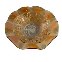 Jeanette Iris Herringbone Bowl Carnival Glass Ruffle Edge 12&quot; Across Vintage - £14.80 GBP