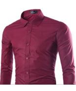 Solid Color Men&#39;s Fashionable Color Long Sleeve Shirt - Red Wine - £11.99 GBP