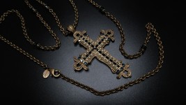 Vintage Sweet Romance Ornate Intricate Cross Navy Blue Crystal Cross Necklace - £89.32 GBP