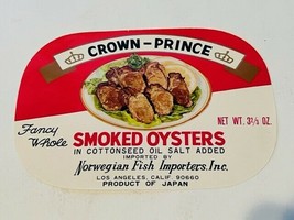 Crown Prince Food Label vtg paper sign ephemera smoked oysters Norwegian fish - £10.01 GBP
