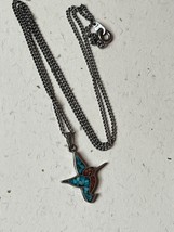 Vintage Dainty Silvertone Chain w Old Pawn Turquoise &amp; Coral Nugget Hummingbird - £13.18 GBP