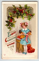 Christmas Postcard Girl Dolls Poinsettias P Sander Embossed Series 794 Vintage - £4.46 GBP