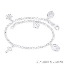 Holy Mother Mary Miraculous Medal Angel Cross .925 Sterling Silver Charm Anklet - £33.77 GBP