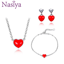 Nasiya 925 Silver Jewelry Set Fashion Red Heart Necklace Earrings Bracelet For W - £18.13 GBP