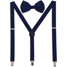 Men AB Elastic Band Navy Blue Suspender With Matching Polyester Bowtie - £3.87 GBP