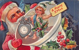 Rosso Suit Babbo Natale Claus-Clock-A Merry Christmas ~1910 a Cuore #1 Cartolina - £15.46 GBP