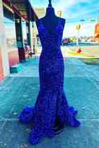 Straps Mermaid Royal Blue Sequins Long Prom Dress with Slit - £126.98 GBP
