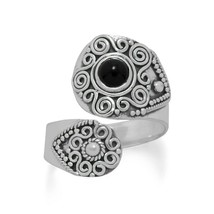 925 Sterling Silver Oxidized 5 mm Black Onyx Wrap Ring with Ornate Swirl Design - £101.95 GBP