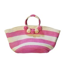 Shiraleah Pink Capri Woven Stripe Large Tote Bag Pom Poms Beach Cruise Pool - £23.46 GBP