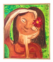 Portrait Of Girl Tropical Flower Brunette Original Acrylic Painting 21X 26&quot; 2006 - £56.04 GBP