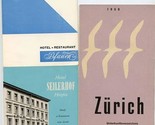 3 Zurich Switzerland Hotel Brochures 1950&#39;s Seilerhof Pfauen  - $17.82