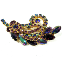 Vintage Brooch Pin Aurora Borealis Rhinestone Floral Spray  Purple Blue AB 3&quot; - £30.11 GBP