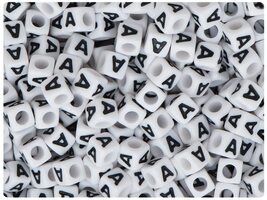 BeadTin White Opaque 7mm Cube Alpha Beads - Black Letter (75pcs) (Letter A) - $2.09