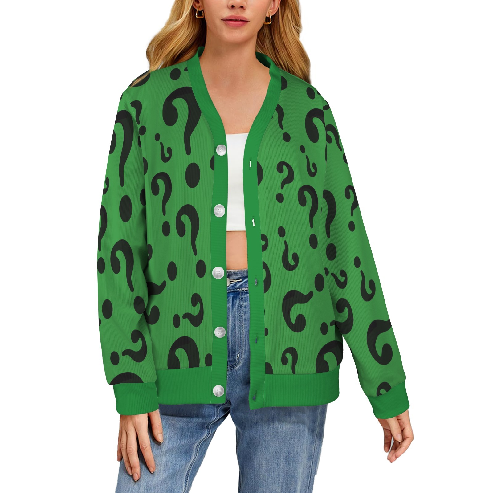 Women's Riddler Riddle Green Questions Cardigan (Size S-4XL)