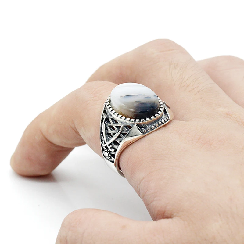 Islamic Ring for Men 925 Sterling Silver Ottoman Swords Natural Agate Stone Male - £42.37 GBP