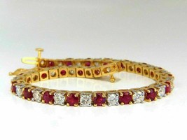 15 Ct Round Simulated Ruby &amp; Diamond Tennis Bracelet 7.5&quot; 14k Yellow Gold Plated - £190.25 GBP