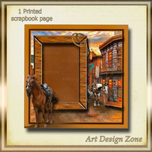 Old Western Town Scrapbook Page with Two Horses with Dark Rustic Colors - $15.00