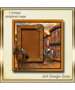 Old Western Town Scrapbook Page with Two Horses with Dark Rustic Colors - £11.79 GBP