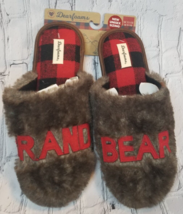 Dearfoams Grand Bear Slippers Unisex Faux Fur Red Blk Buffalo Check W11-12 M9-10 - £29.55 GBP