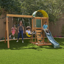 Wooden Swing Slide Set Cedar Outdoor Playground Chalk Wall Sandbox Rockwall New - £294.21 GBP