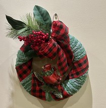 Handmade Yarn Wreath With Bow And Bird, Gree/red Color, 12” - £58.02 GBP