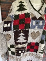 Woolrich Wool Sweater Medium V-Neck Not Ugly Christmas Tree Heart Chunky Knit - £30.54 GBP