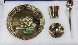 Brass Ladoo Gopal Bhog Thali Set of 4 Kanha Ji Bhog Thali Set Plate Spoon Glass - £35.01 GBP