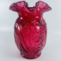 Fenton Large Cranberry Vase Daffodil Design Ruffled Vintage 3D Pink Text... - $39.15