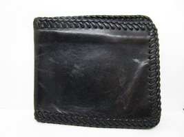 Vtg Hand Tooled Black Real Leather Wallet Bi Fold Hand Stitched Laced up... - $9.89