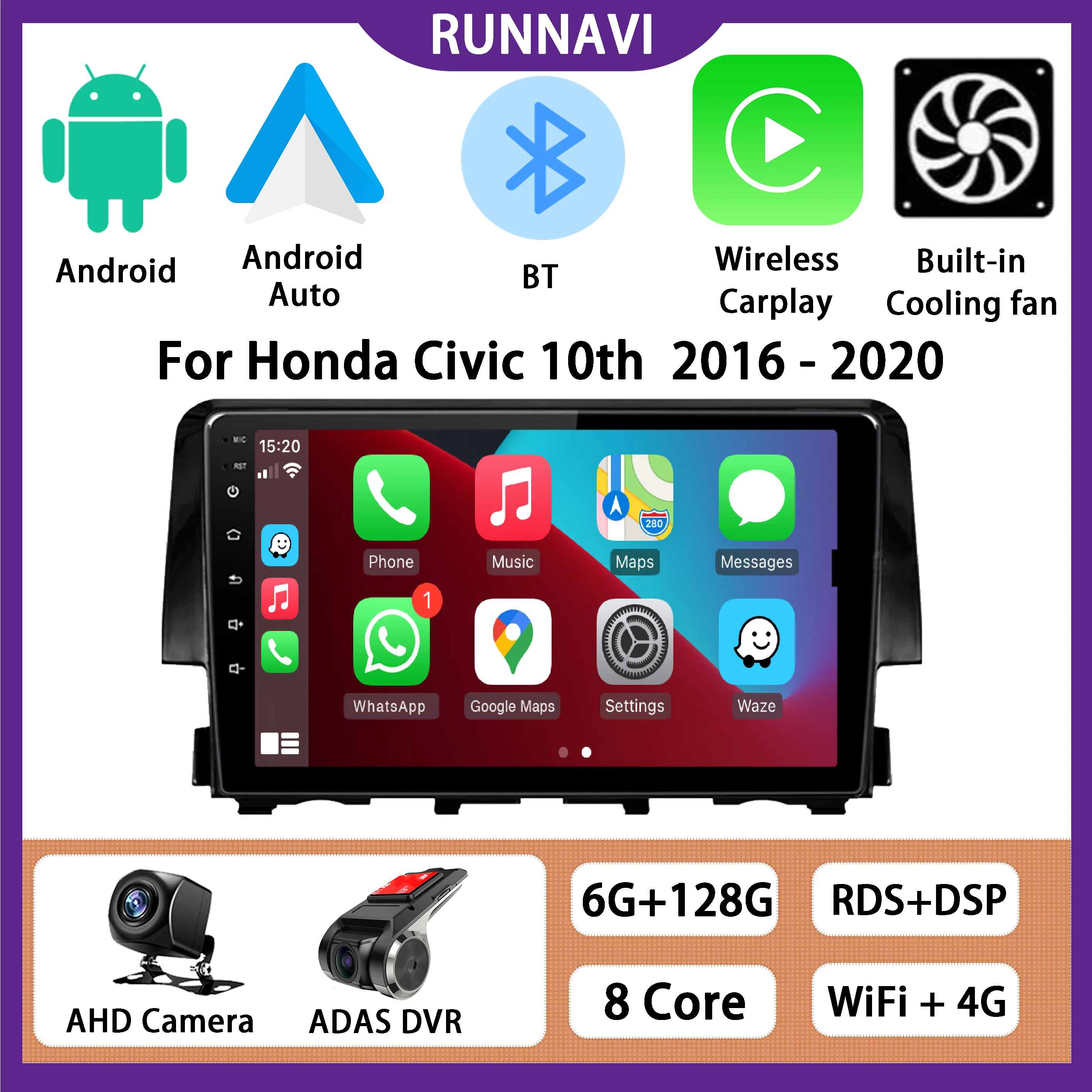 For Honda Civic 10th 2016 2017 2018 2019 2020 Android 13 Car Radio Stereo - £145.20 GBP+