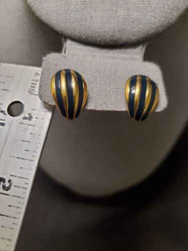 Primary image for Vintage Napier Pierced Earrings Gold Tone with Dark Navy Enamel Stripe Dome