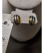 Vintage Napier Pierced Earrings Gold Tone with Dark Navy Enamel Stripe Dome - £30.02 GBP