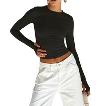 Slim Fit Long Sleeve Crop Top - Crew Neck with Thumb Holes and Solid Color - £12.66 GBP+