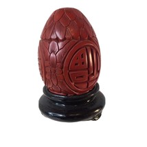 Hand-Carved Chinese red Cinnabar egg with wood base - $18.56