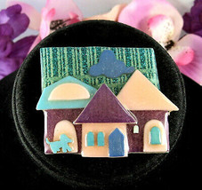 Dog At House Pins Lucinda Vintage Brooch Handcrafted Green Glitter Purple Pink - £16.46 GBP