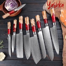 9 Pcs Chef Knife Set Damascus Steel Red Resin Handle Cleaver Nakiri Kitchen Tool - £25.96 GBP+