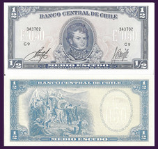 Chile P134A, 1/2 Escudo,  O&#39;Higgins / ConquistadorDiego de Almagro, 1962-64 UNC - £2.38 GBP