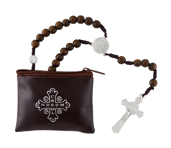 St. Benedict Brown Wood and Cord Rosary with Brown Vinyl Case Catholic - £7.85 GBP