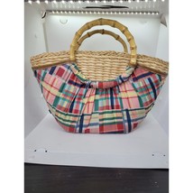 VintgJohn Romaine Patchwork Plaid Wicker Handbag Purse Bamboo 80s 90s Preppy - £17.76 GBP