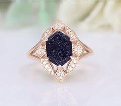 Handmade Hexagon Blue Sandstone 925 Silver Rose Gold Plated Art Deco Halo Ring - £61.70 GBP