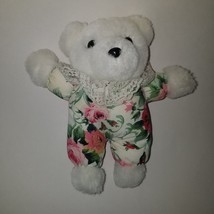 VTG Dan Dee White Teddy Bear Plush Floral Rose Print Small 7&quot; Stuffed Animal Toy - £15.82 GBP