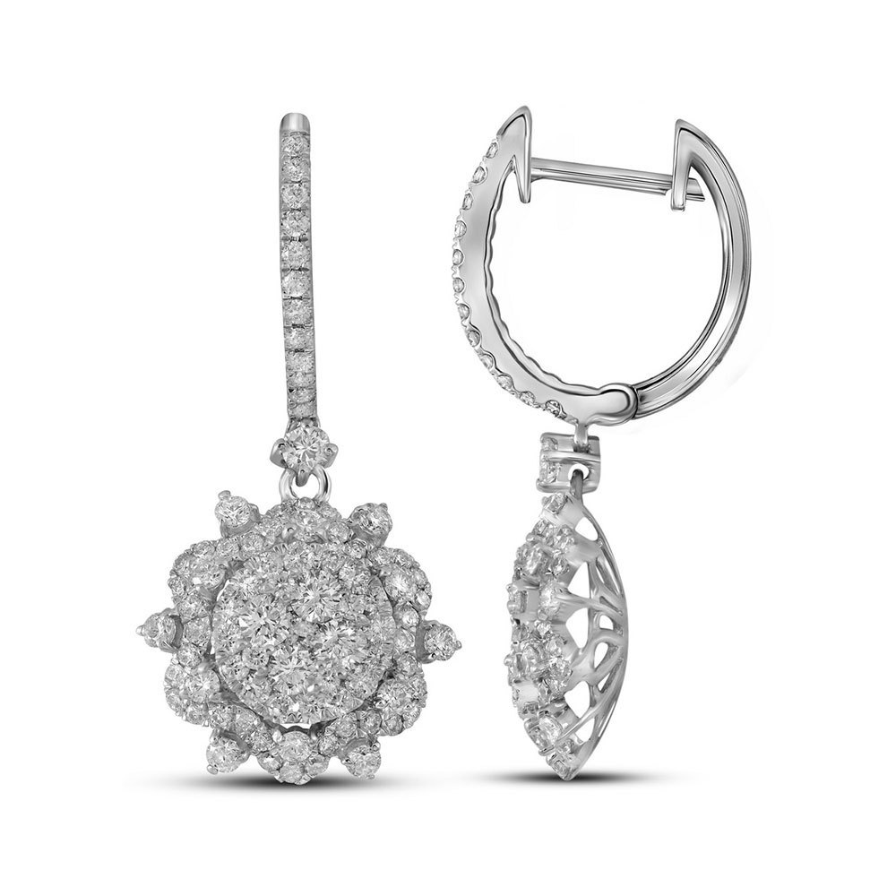 14k White Gold Round Diamond Starburst Cluster Dangle Hoop Earrings 2-1/4 Cttw - $3,259.00